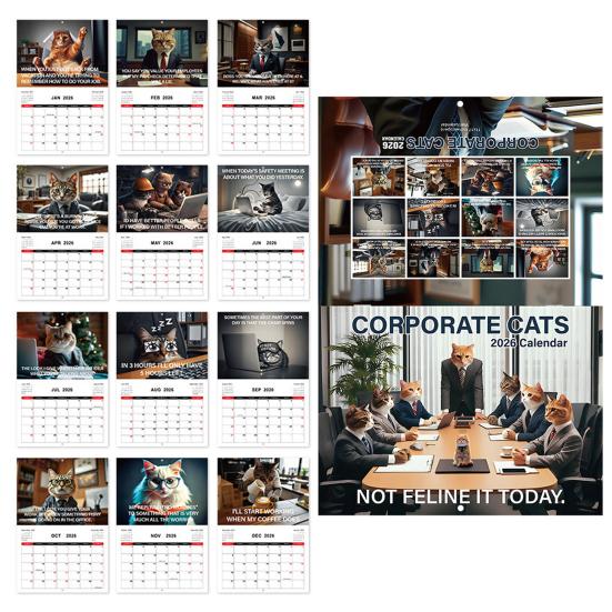 Corporate Cat 2026 Calendar Vertical Wall Hanging Calendar with 12 Kitten Illustrations