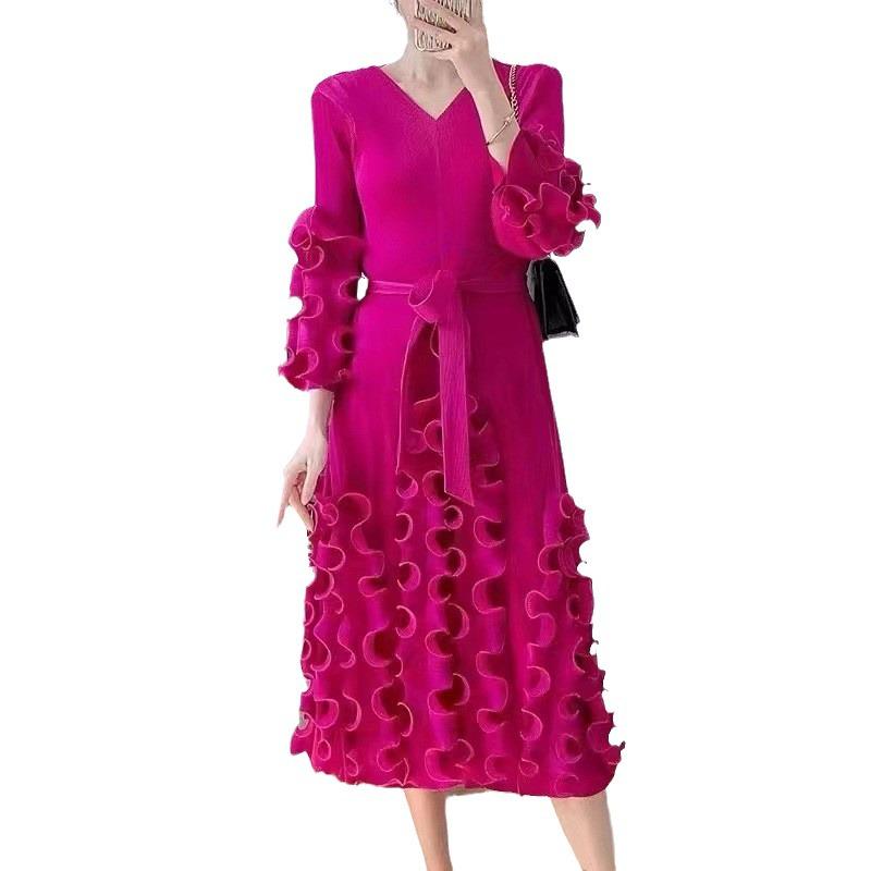 Pleated Ruffle Long Dress - 2025 Women's Spring/Autumn Slimming Loose Fit