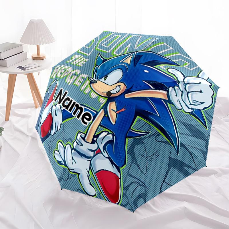 1pc Sonic Artwork Custom Name Automatic Folding Umbrella - Compact 8-Rib Design, Durable Plastic & Iron, Daily Use 047