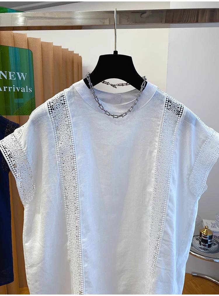 Women's White Lace Cotton Top - 2025 Summer Flutter Sleeve Patchwork Design