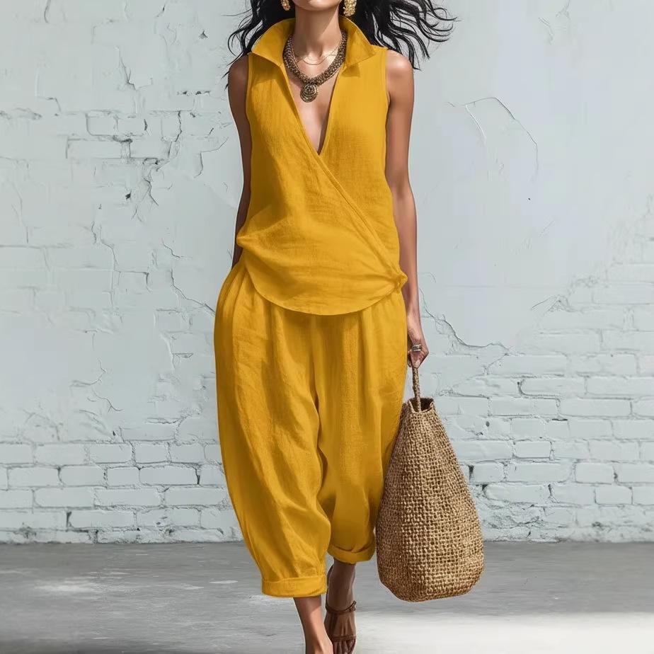 Spring/Summer Women's Lapel Shirt and Wide-Leg Pants Linen Set