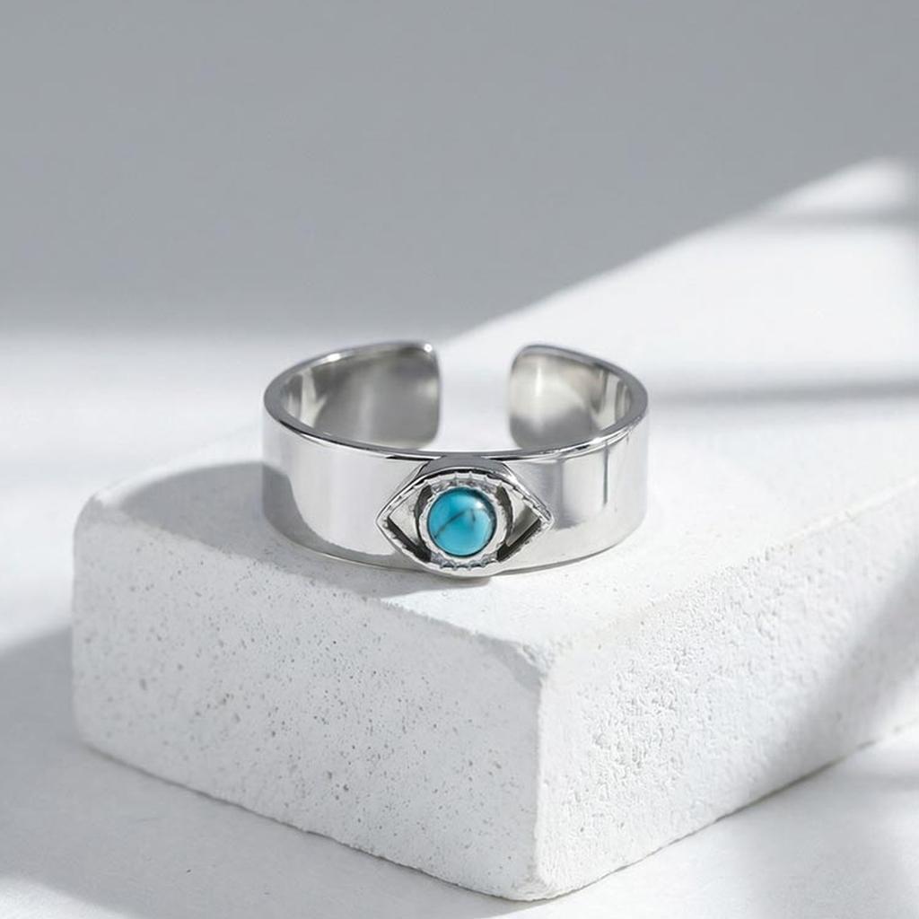 Vnox Devils Eye Adjustable Cuff Ring for Men, 6mm Wide Band Waterproof Stainless Steel Turquoise Stone Punk Rings Jewelry Gifts