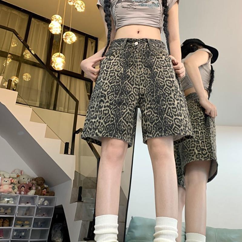 American Retro Five Quarter Denim Shorts with Women's Leopard Print Niche Design Sense Y2k High Waist Versatile Straight Leg Wide Leg Thin Version