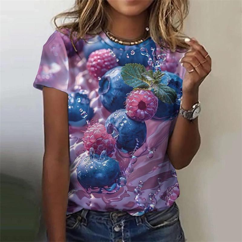 Women's Summer Fruit Pattern T-shirt with 3D Strawberry and Watermelon Print, Short-sleeve, Loose-fitting, Round-neck Top for Summer
