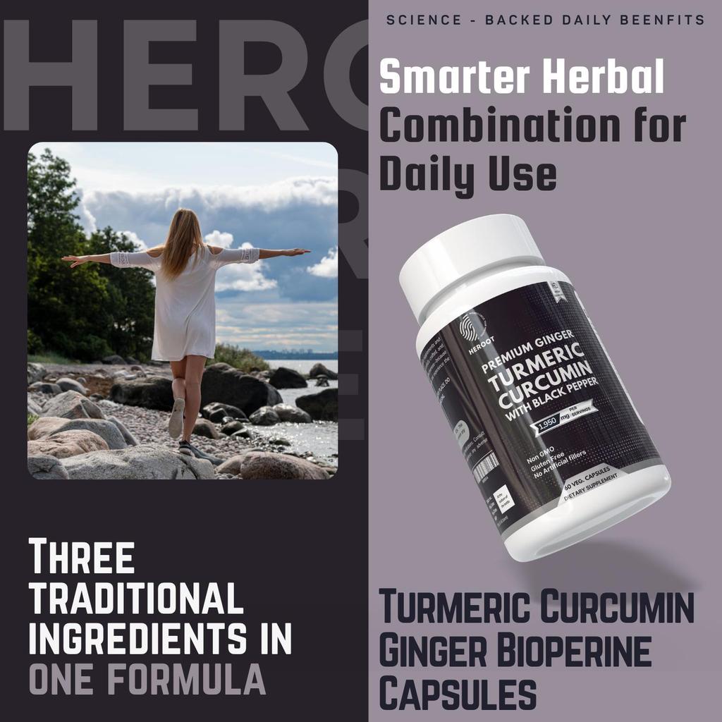 Turmeric Capsules 1950mg Curcumin95% , Black Pepper & Ginger Complex Bioperine