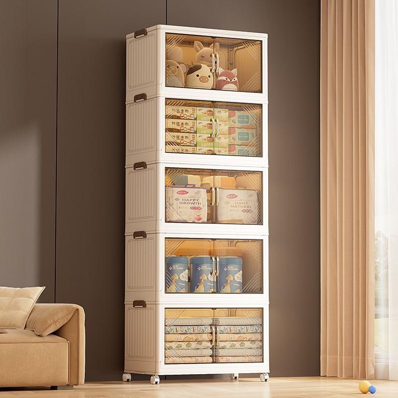 Plastic Folding Storage Cabinet With Double Doors Multi-Layer Shoe Organizer Toy Bin Living Room
