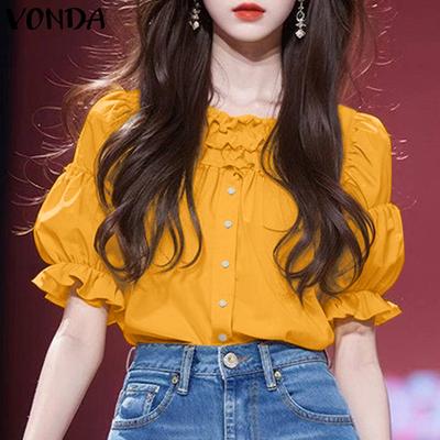 Women Summer Ruffle Round Neck Bubble Short Sleeve Blouses