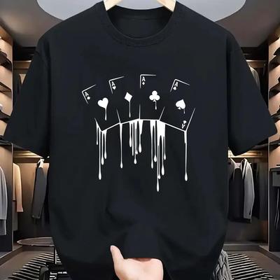 Summer 2025 Poker Card Bomb Print Men's T-shirt with Round Neck, Comfortable Short Sleeve, 100% Cotton Fashion Top