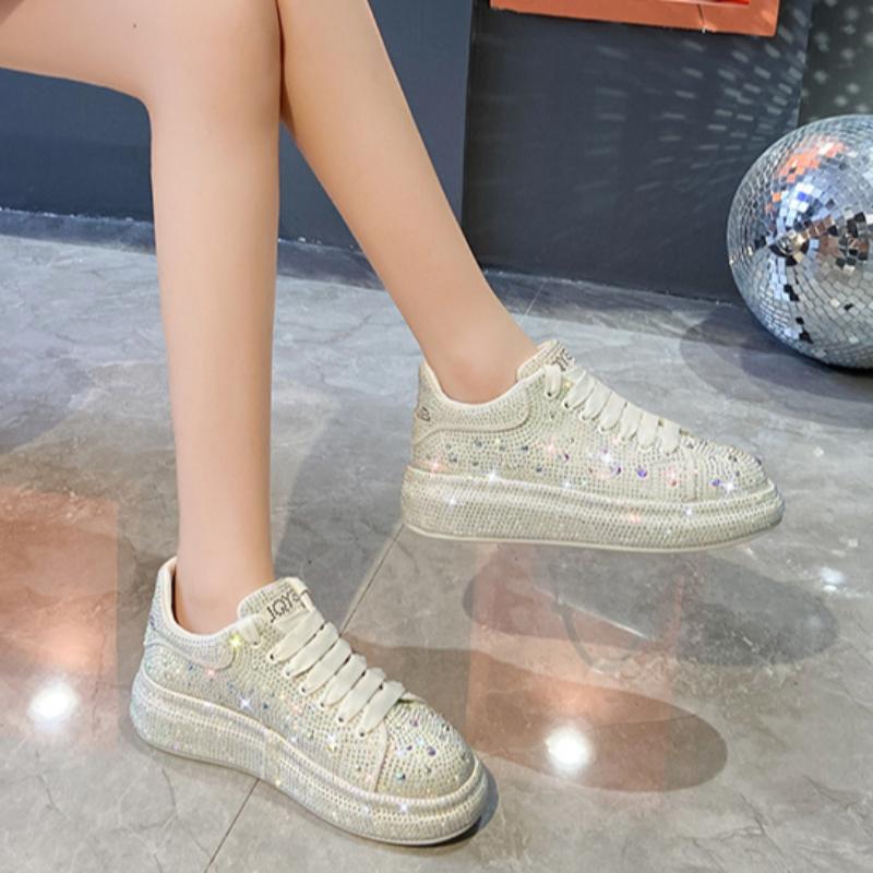 Damen Sommer Mikrofaser Weiße Schuhe Voll Diamant Sportliche Freizeit-Sneaker Modisch Vielseitig Dicksohlige Damenschuhe