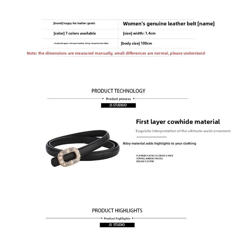 First-layer cowhide women's belt, pearl and rhinestone inlaid genuine leather belt
