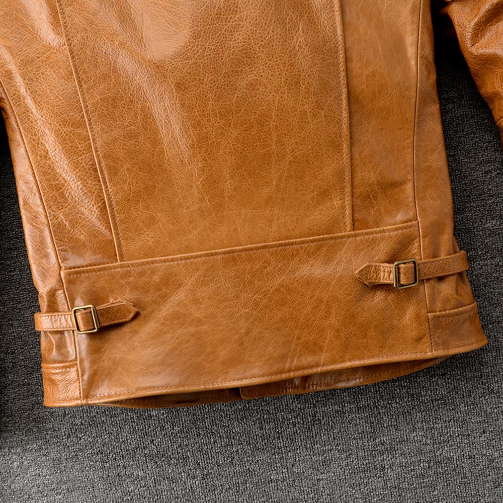 Natural Oil Waxed Cow Leather Jacket For Men Biker Clothes Yellow Soft Genuine Cowhide Coat Autumn