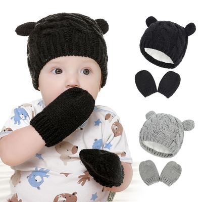 Winter Warm Knitted Hat Gloves Set Cotton Baby Newborn Beanie Hat for Girls Boys Cartoon Ears Toddler Cap Infant Bonnet 0-18M
