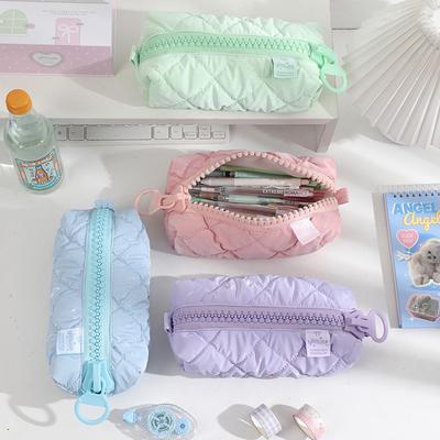 Puffer Leather Pencil Case For Women Vanilla Aesthetic Pencil Pouch With Zipper Stationery Make Up Storage Bag