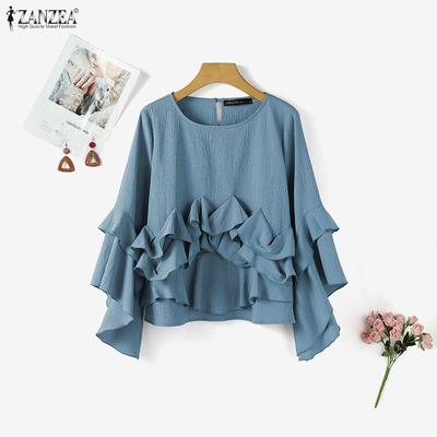 Womens Casual Round Neck Long Sleeve Ruffles Splice Loose Blouse