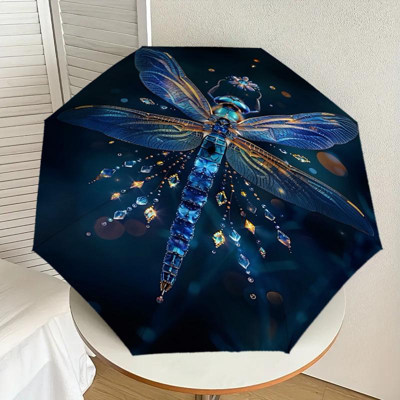 1PC Dragonfly Glitter Automatic Open/Close Umbrella with Windproof, 8-Rib Sturdy Canopy, Durable Ribs, Fashionable Design, Outdoor Accessory, Fun Prin