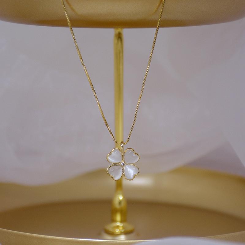 PONYKISS  Sterling Silver 18K Gold Opal Clover Pendant Chain Necklaces for Women Cute Plant Fine  Minimalist Accessory