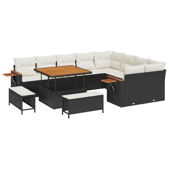 Canapé de jardin de 12 pièces avec coussins en poly rattan noir et acacia, Ensemble de salle à manger de jardin de 3 pièces 3363205