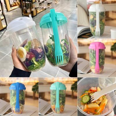 Copo de salada portátil para crianças, 1l, tigela de café da manhã com garfo, lancheira escolar, armazenamento de alimentos, iogurte, aveia, cereal, leite