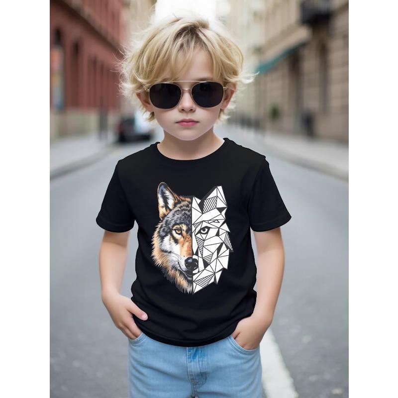 European Size Boys Round Neck Short Sleeved T Shirt with Mechanical Werewolf Pattern