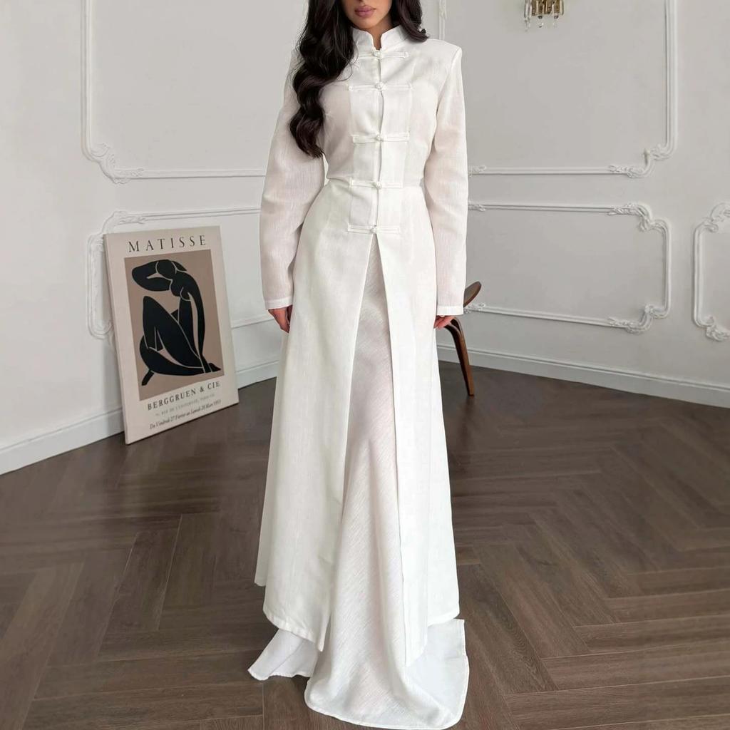  Spring and Autumn New European, American Amazon Cross-border Stand-up Collar Chinese Button Long Jacket Dress Set
