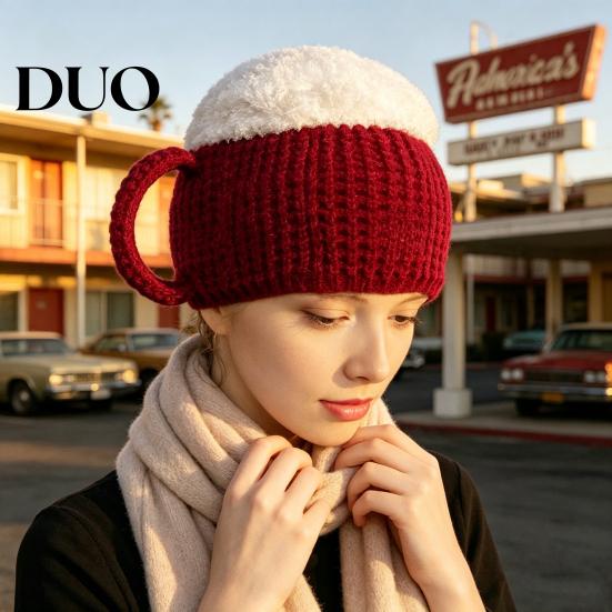 Cappello Costume Divertente per Uomini e Donne, Cappello a Forma di Boccale di Birra Divertente, Scaldamuscoli a Maglia Novità Versatili per Adulti con Manici, Guanti Invernali Caldi per Adulti,