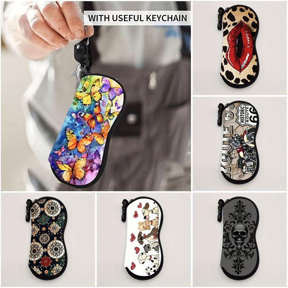 Hanging Flower Print Eyeglass Case Lips Print Soft Reading Glass Pouch Leather Water-resistant Sunglasses Storage Bag Women