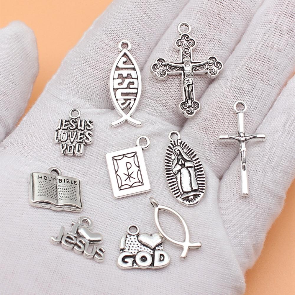 Charms Supplies For Jewelry Bible Virgin Jesus Fish Jesus Cross Crafts Popular 10pcs/set