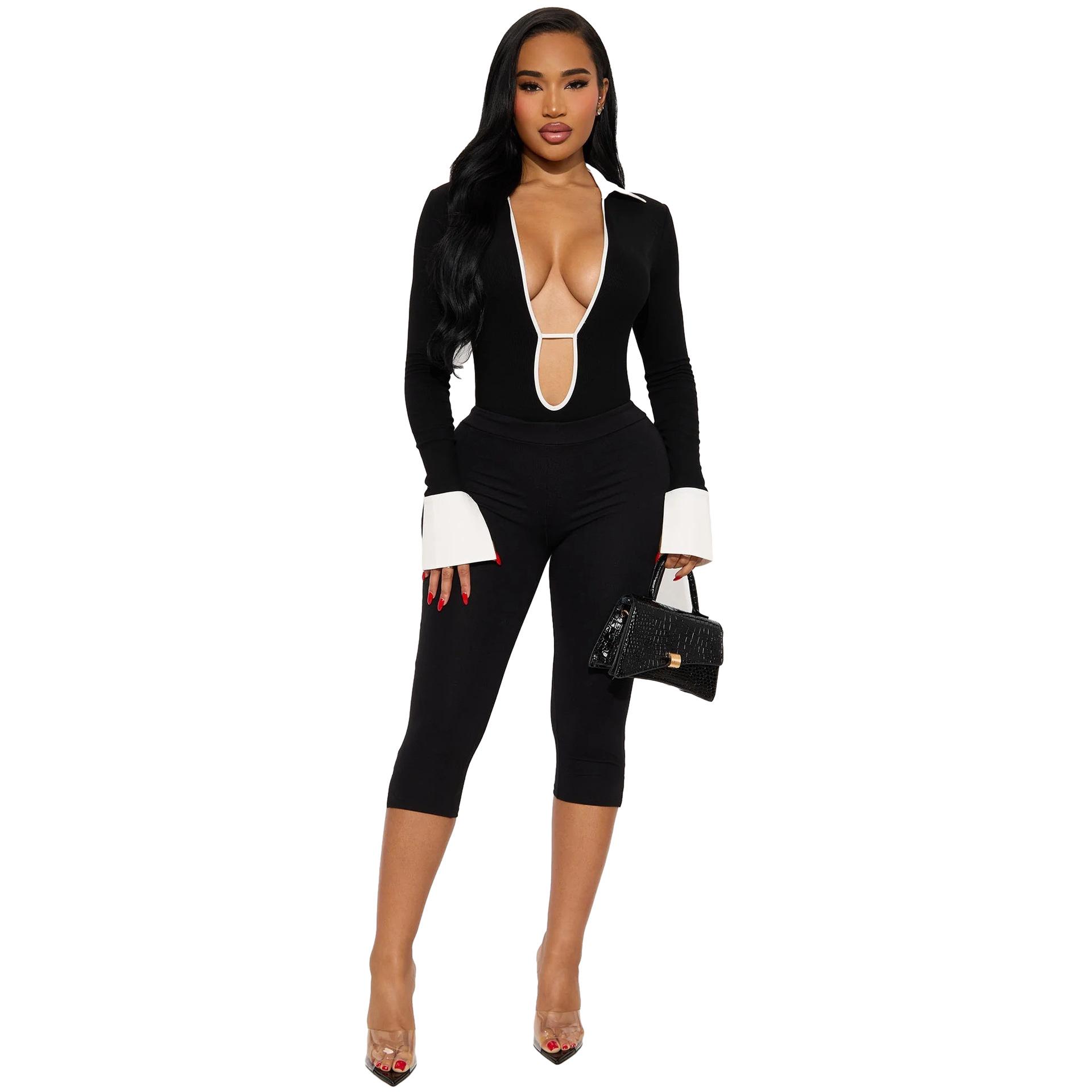 

Women s Fashion Patchwork Jumpsuit with Shirt Collar and 3/4 Sleeves Small
