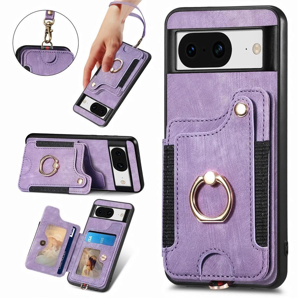 Ring Holder Cards Solt Leather Wallet Case for Google Pixel 8 Pro 7 7A 6 6A Magnetic Kickstand RFID Pouch Pocket Bag Strap Cover