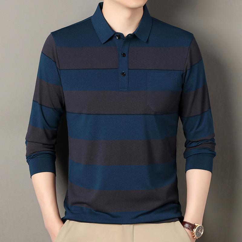Men's Striped Long Sleeve Polo Shirt with Pockets - Casual Lapel Base Layer Top