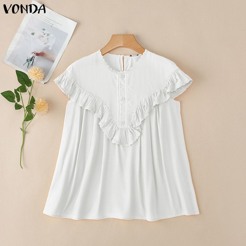

VONDA Women Ruffled Short Sleeve Lace Crochet Hem Casual Blouse S