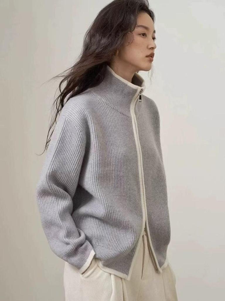 Women's Stand Collar 100% Wool Thickened Zipper Cardigan - Loose, Fashionable Autumn/Winter Knitwear Sweater.