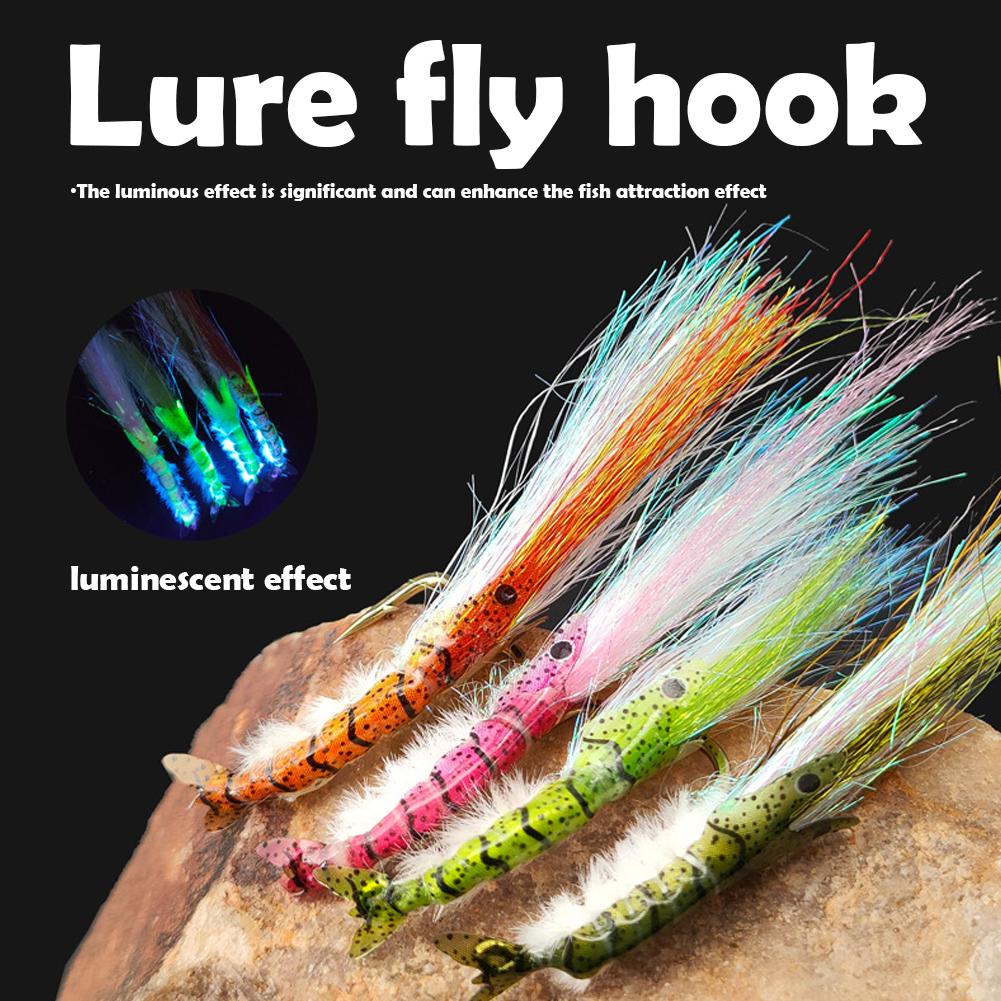 4pcs Iridescent Luminous Ice Silk Shrimp Lure Fly Fishing Flies Hook Freshwater Lure For Bass White Bass Angling Tackle
