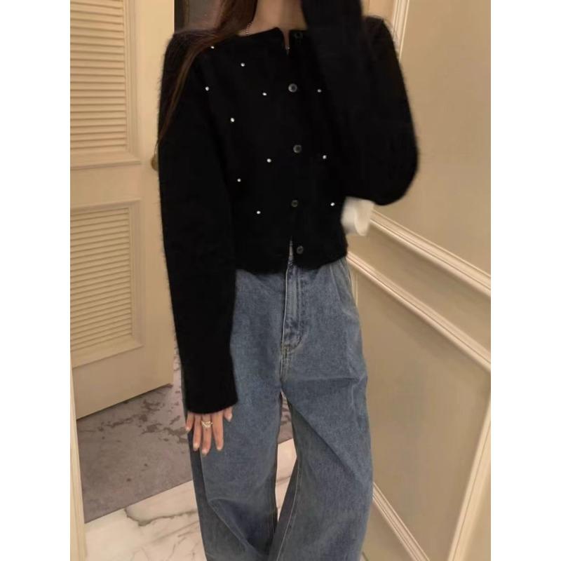 Heavy industry nails drill round neck long-sleeved sweater jacket women's autumn and winter new celebrity temperament high-end loose knitted cardigan