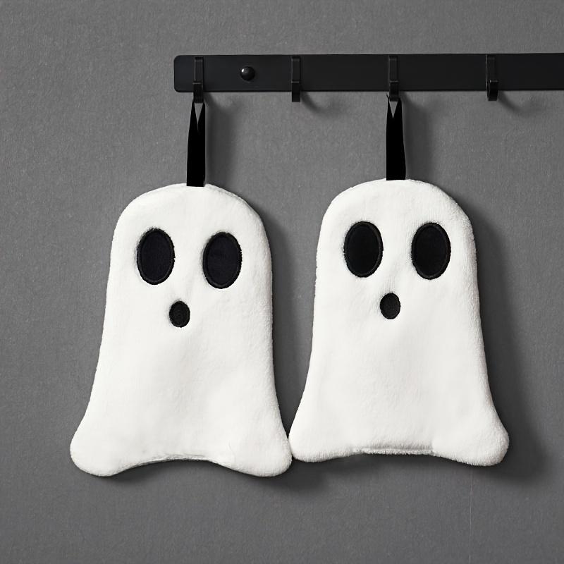 1pc Halloween Bathroom Hand Towel - Soft, Absorbent Coral Fleece, Black & White Spooky Design with Broomsticks & Pumpkins