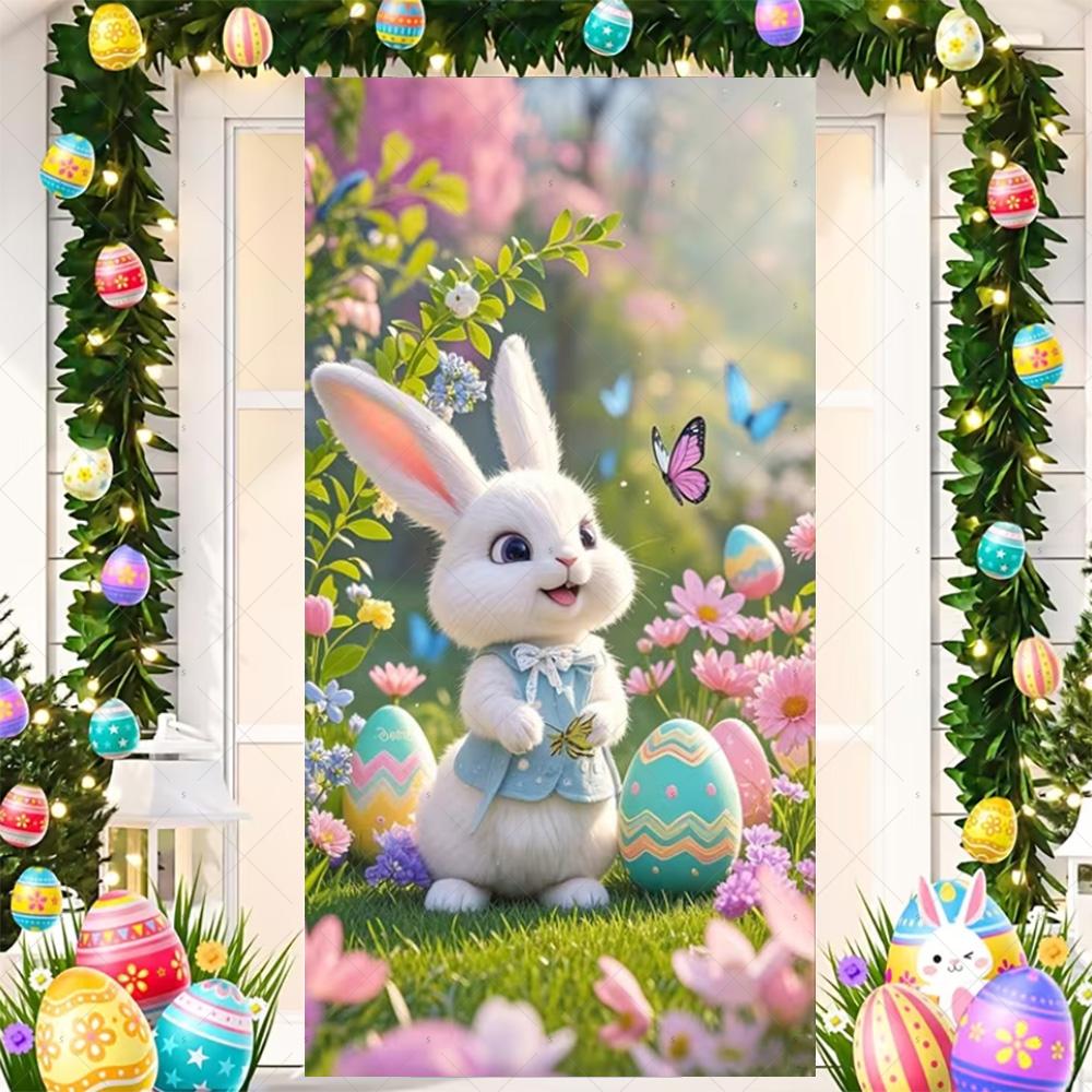 Happy Easter Cute Bunny Door Cover Backdrop Spring Garden Floral Easter Egg Background Easter Party Decoration Photo Shoot Props