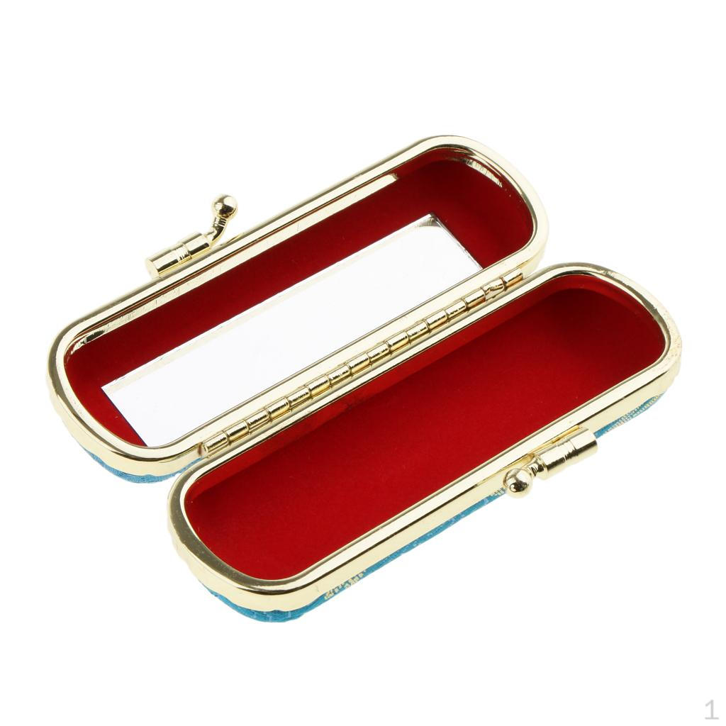 Embroidered Brocade Lipstick Case Holder with Mirror, Chinese Traditional Flower Design Makeup
