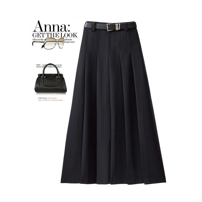 Korean version of suit skirt women s high waist versatile slim and thin pleated skirt medium and long skirt A-shaped long skirt S чёрный