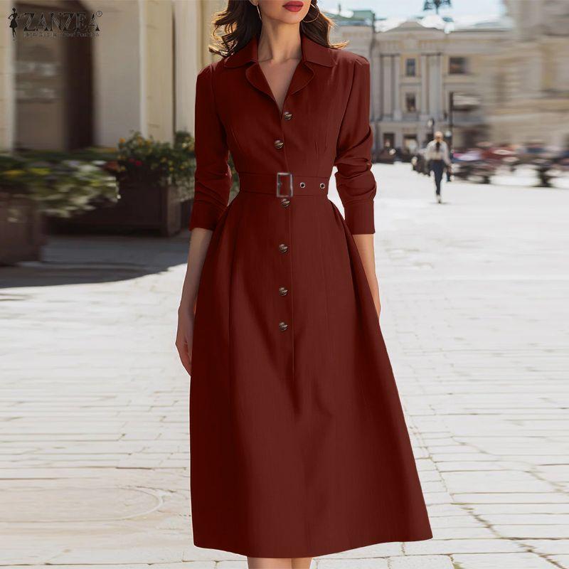 ZANZEA Lässiges Damen-Kleid mit Umlegekragen und langen Ärmeln