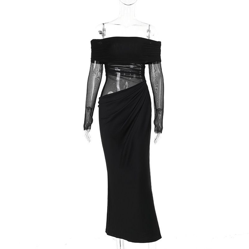 

Mesh Hollow Dress New Long dress Western Style Temperament Sexy off-Shoulder Mesh Cut-out Dress Black L