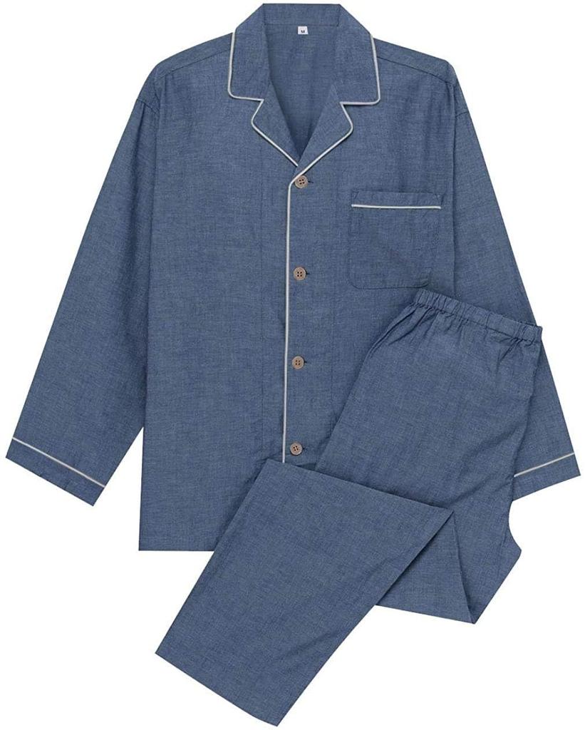 MXKDEN Erme Gaze Topp og Bunn og Høst Marineblå Herre Lang/Kort Pyjamas, 100% Bomull, Åpen Front, Dobbeltlags Sett, Vår, Sommer, (L, (Lang