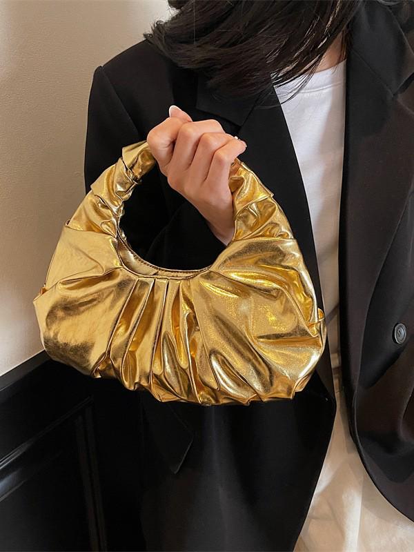 Women's Glossy Metal PU Cloud Handbag with Pleated Design - European & American Style