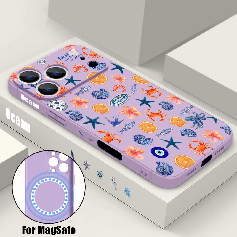 Contrast Color Cartoon Fish Conch Pattern Case For iPhone 16 Pro Max Magnetic For Magsafe Soft Cover For iPhone 17 15 14 13 Pro Max 17E 16E
