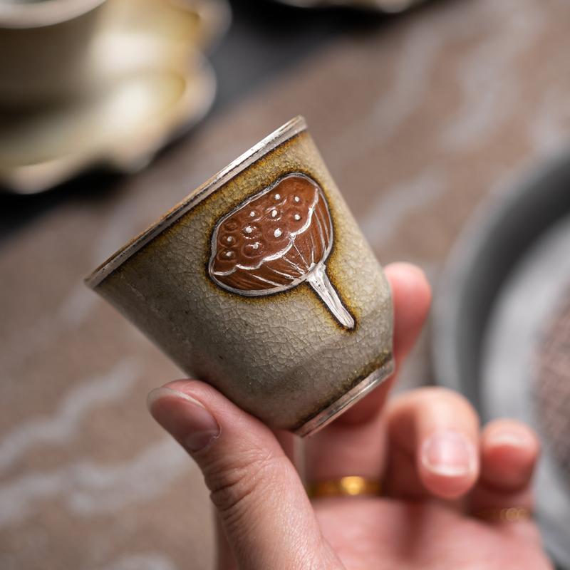 Ice Flower Glaze Gilt Silver Lotus Flower Tasting Tea Cup Coaster Tea Cup Ceramic Cup Holder Home Kung Fu Tea Set