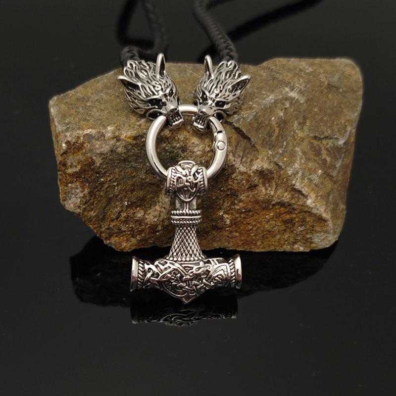 Nordic Viking Leather Necklace Crafted Hammer Celtic Wolf Head Necklace Men's Long Jewelry