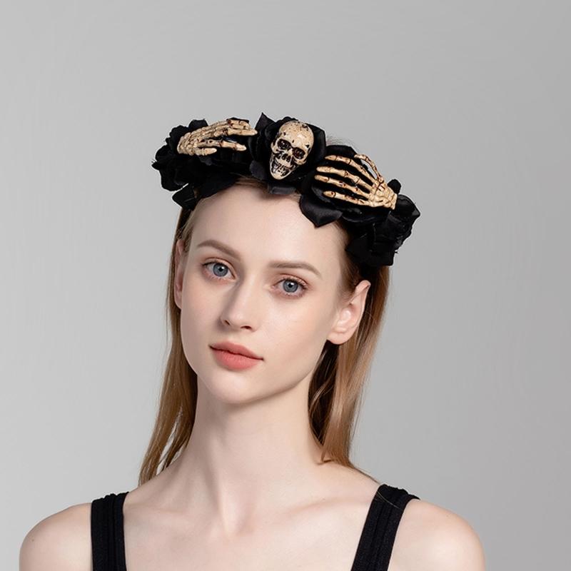 Skull Headband Halloween Tiaras And Crowns Halo Flower Headband Day of The Dead Headband Rose Flower Crown Hairband