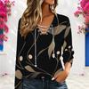 Women Plus Size Black Printed V Neck Long Sleeve Top Eyelet Chain Lace Up Detail