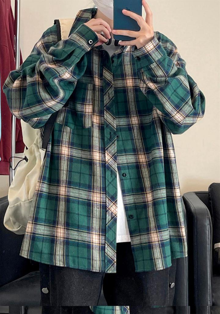 EIDEFE Long Sleeve Check Shirt with Chest Size 5XL Men's Loose-Fit Pocket, Classic, Popular, Casual, Breathable, Slimming, Flattering, Green,