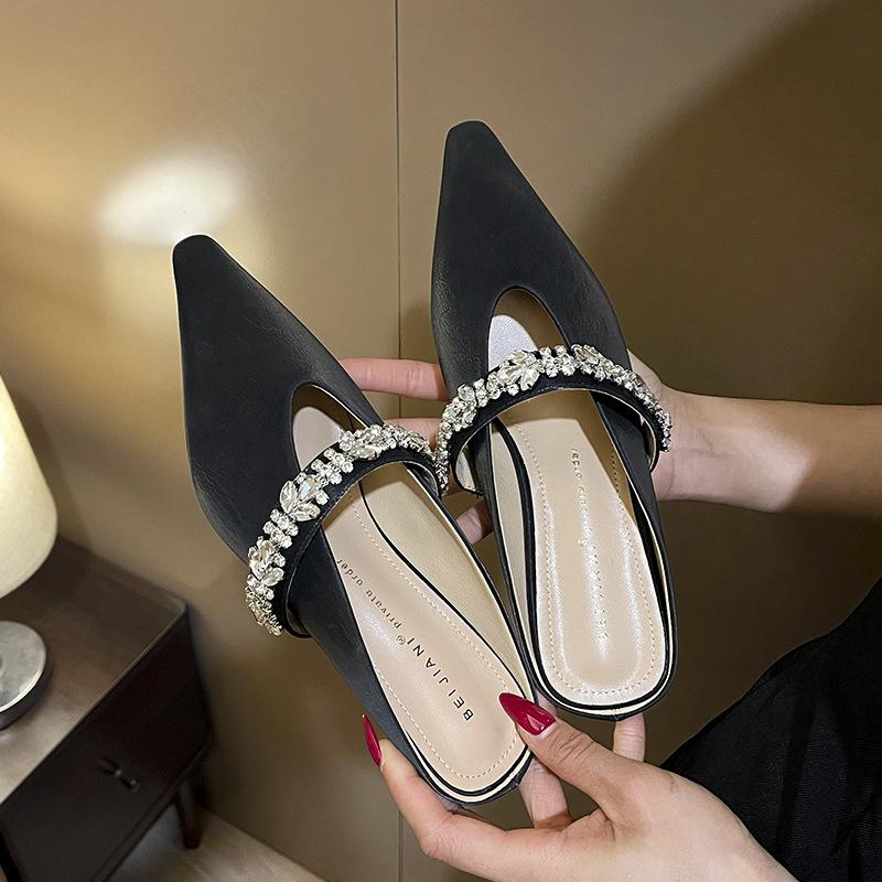 Strasskette mit spitzem mittlerem Absatz Muller Schuhe Damen Stiletto Temperament Halbsandalen hoher Absatz