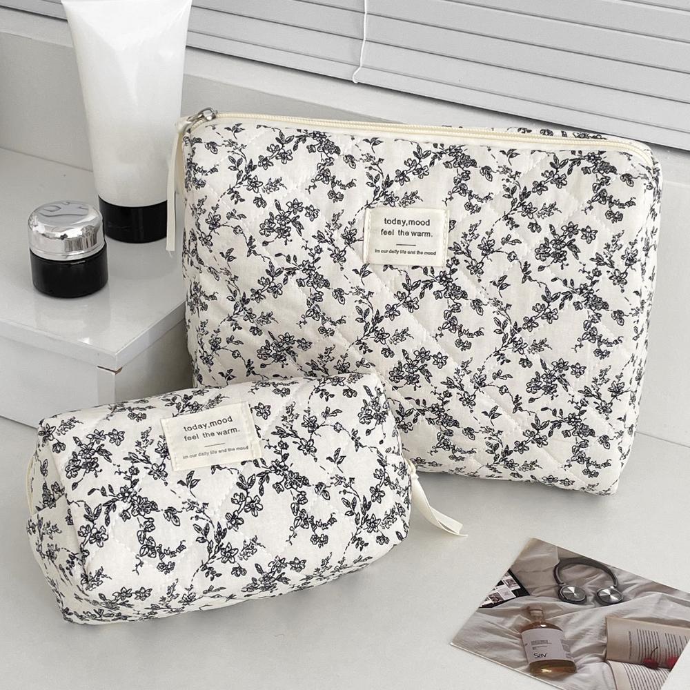 Mode Ins Zwarte Bloemen Dames Gewatteerde Tassen Handtas Reisorganizer Cosmetische Make-up Opbergtas Draagbare Ritssluiting Tote Bag